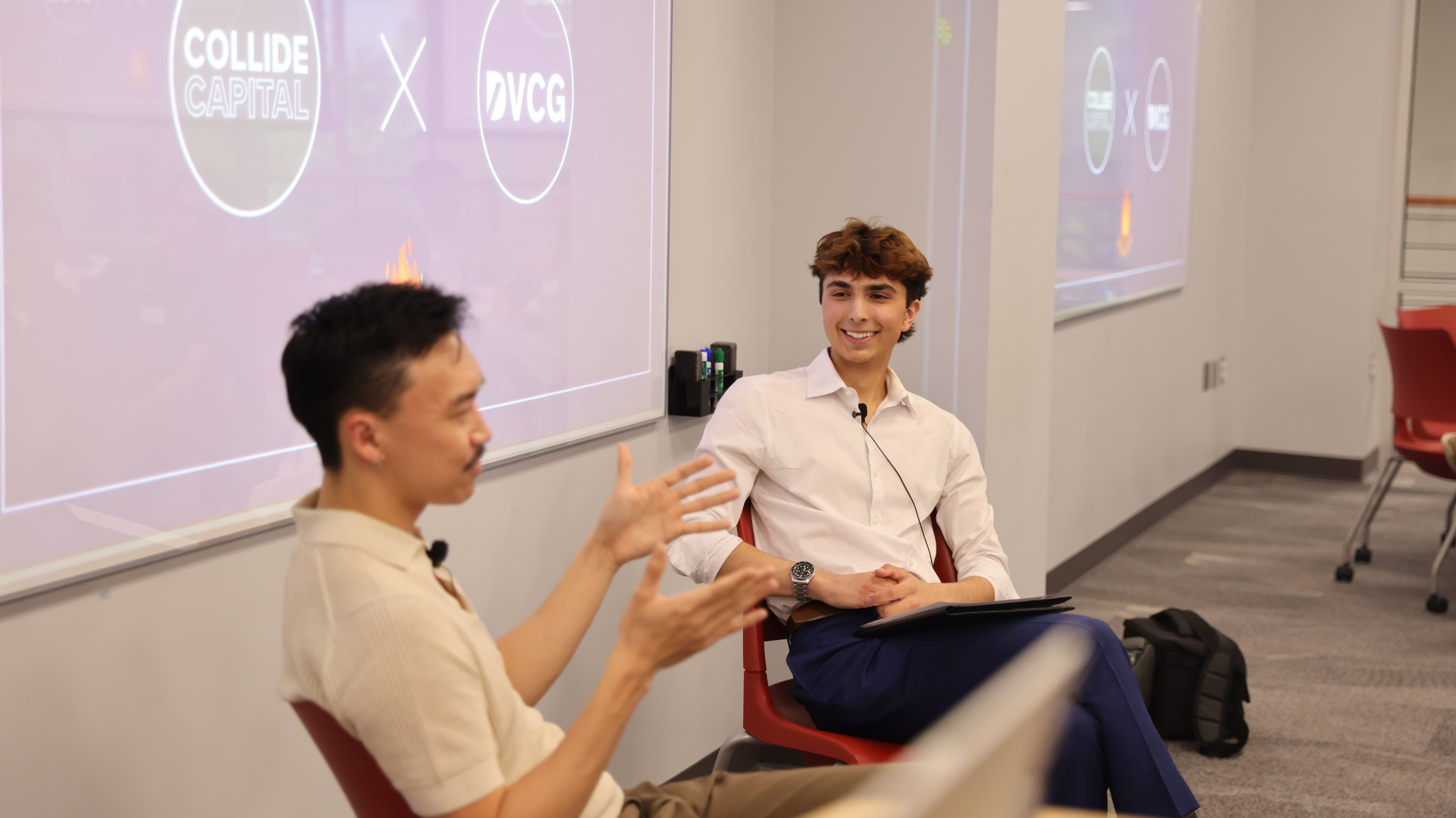 A DVCG member in conversation with a principal from Collide Capital